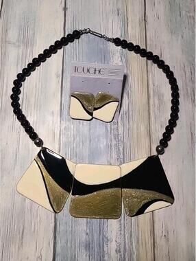 vintage Touche black and gold geometric resin puzzle statement necklace and...